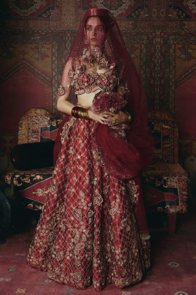 Maroon 3D embroidered lehenga set