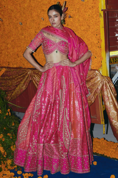 Pink and peach zardozi embroidered lehenga set