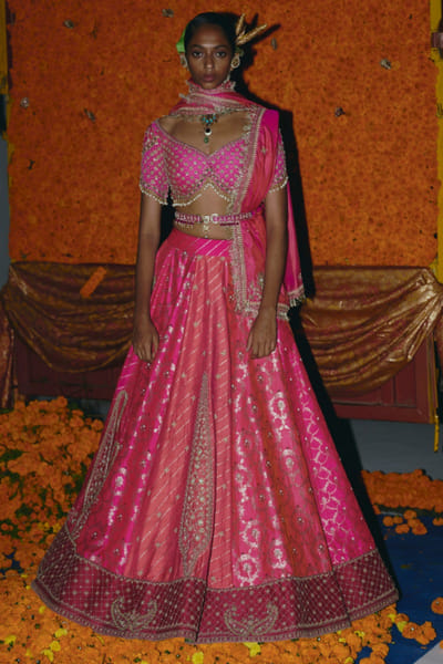 Pink and peach zari embroidered lehenga set