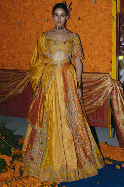 Yellow and ochre banarasi lehenga set