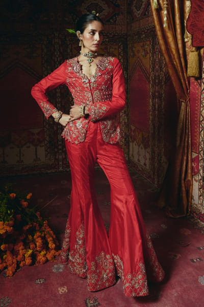 Red embroidered jacket sharara set