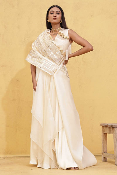 Ivory embroidered drape top and sharara set