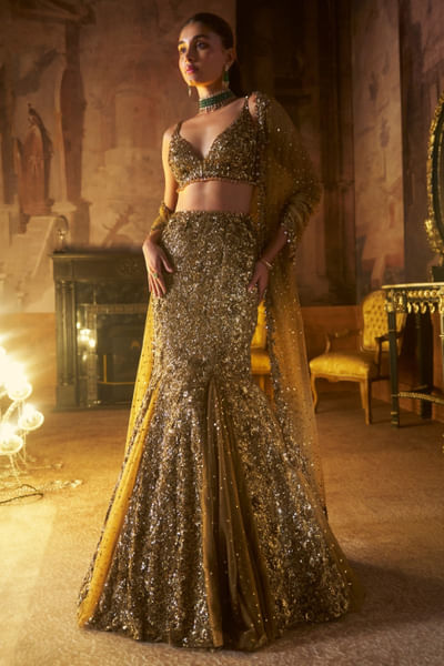 Antique gold tonal embroidered lehenga set