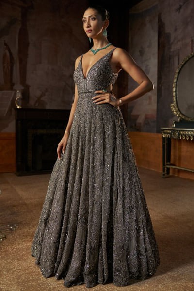 Charcoal tonal sequin-crystal embroidered gown