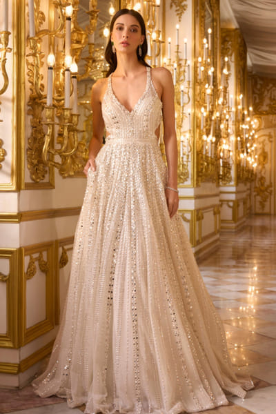 Ivory sequin and mirror embroidered gown