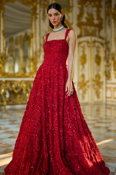 Red 3D tonal sequin-crystal embroidered gown