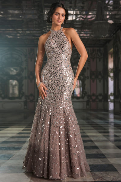 Grey tonal abstract mirror embroidered gown