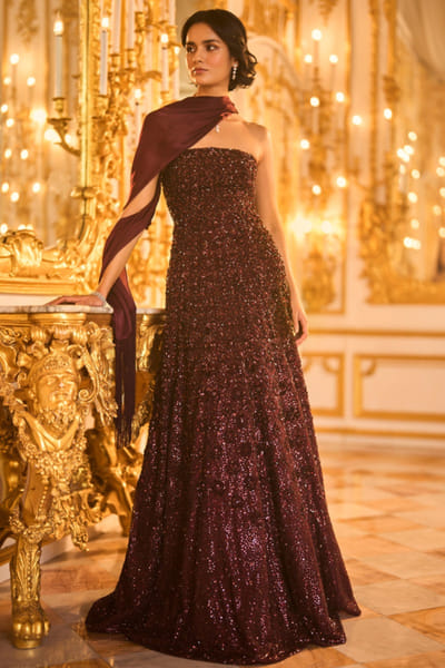 Wine tonal sequin and crystal embroidered gown