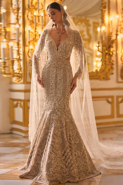 Champagne tonal sequin-pearl embroidered gown