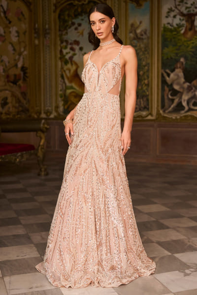 Rose gold pearl and sequin embroidered gown