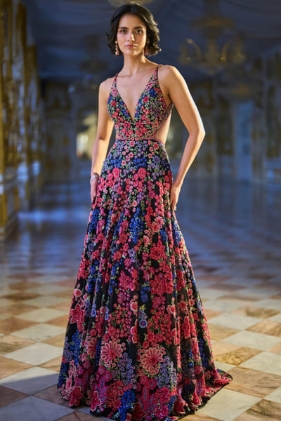 Multicolour floral thread embroidered gown