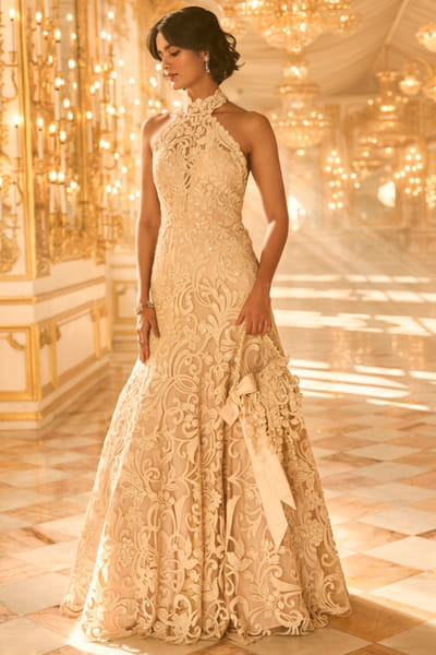 Nude tonal floral embroidered halter-neck gown