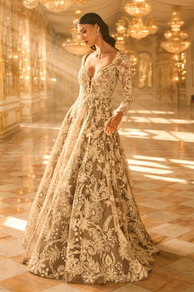 Grey floral thread and sequin embroidered gown