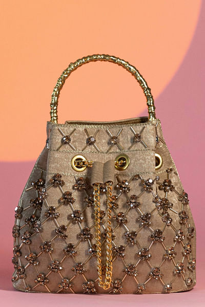 Gold 3D bead-crystal embroidered bucket bag