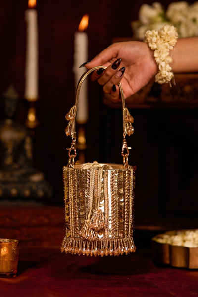Gold sequin embroidered bucket bag