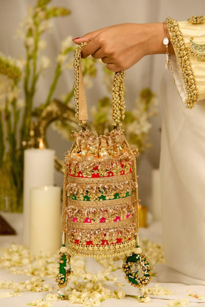 Gold zari embroidered bucket bag