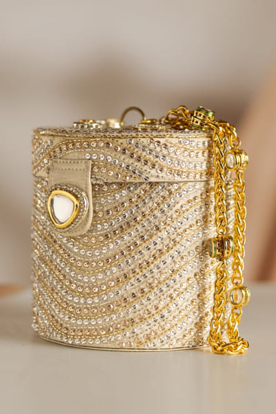 Gold polki embellished silk bucket bag