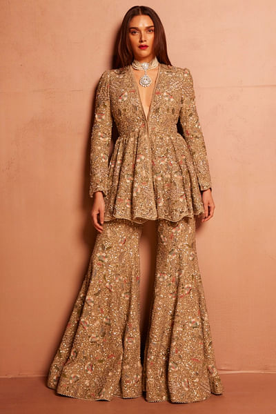 Golden beige zardozi embroidered sharara set
