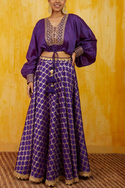 Purple top and brocade skirt