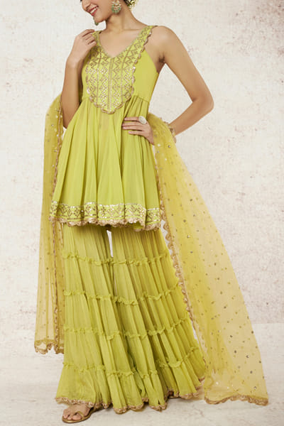 Lime green tussar silk sharara set