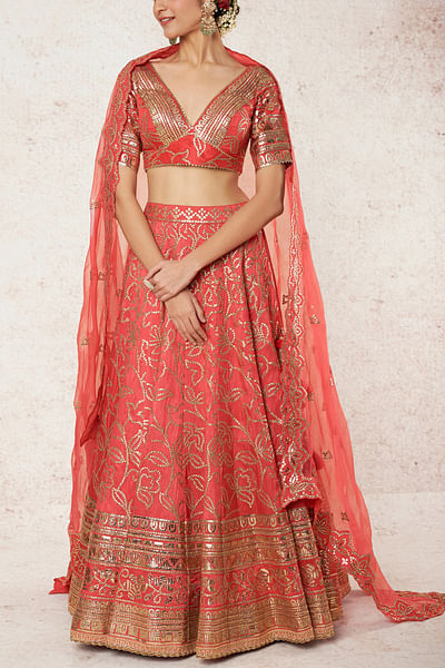 Coral tussar silk lehenga set