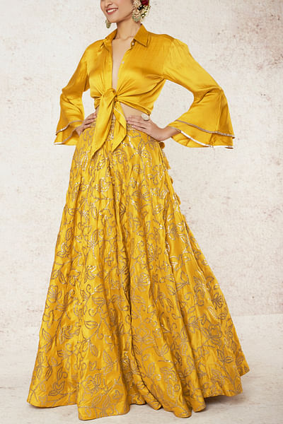 Mustard tie-up top and skirt set