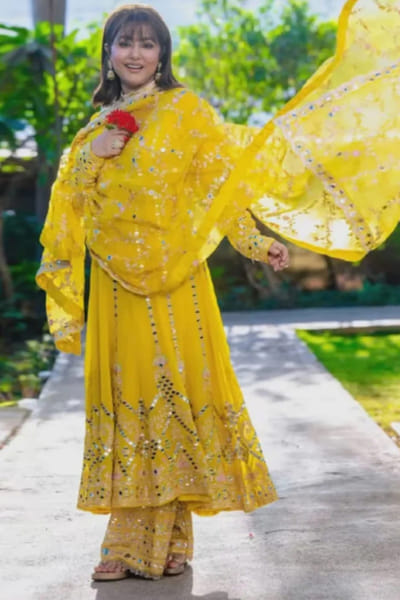 Yellow mirror embroidered anarkali set