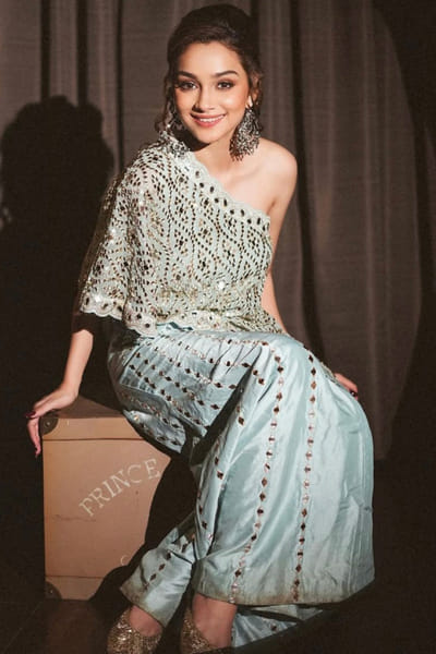 Powder blue mirror one-shoulder top and pants