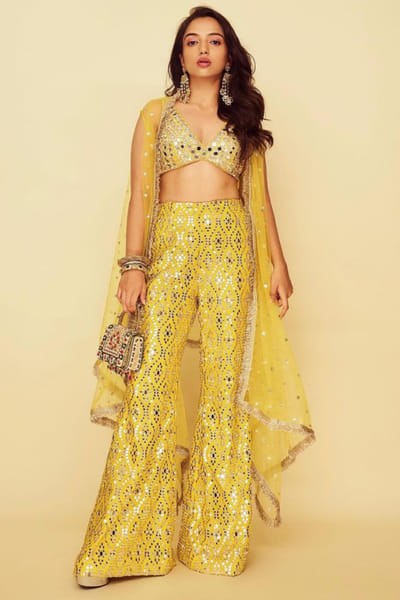 Yellow mirror embroidered cape set