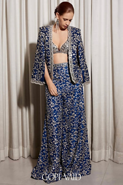 Blue floral embroidered cape set