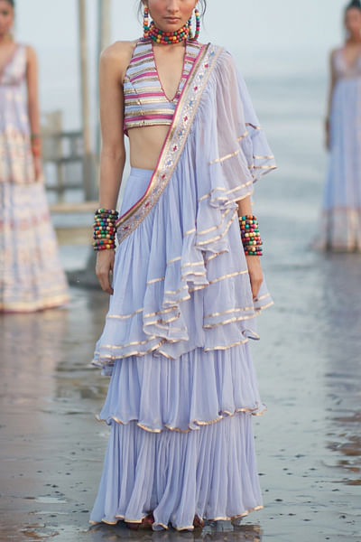 Lilac embellished ruffle sari set