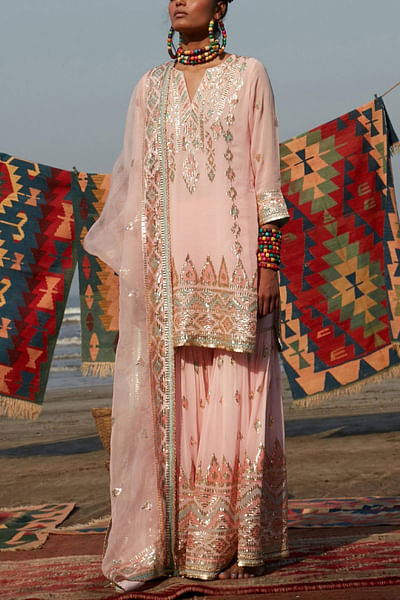 Pink embellished sharara set