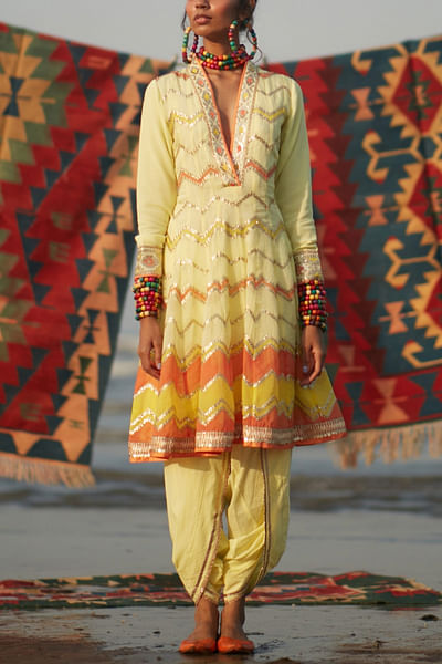 Yellow embellished kurta and dhoti set
