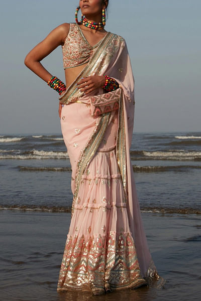 Pink embellished pre-stitched sari set