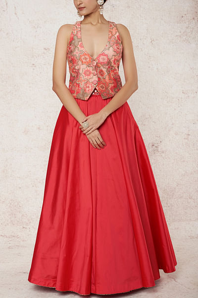 Coral silk skirt set
