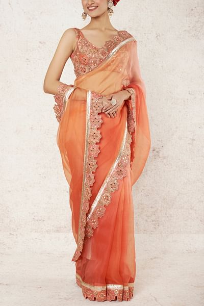 Orange embellished organza sari