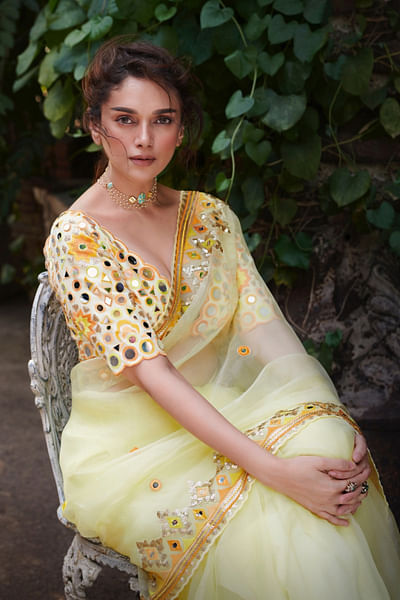 Yellow mirror embroidered saree set