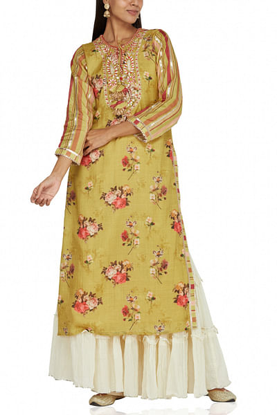Yellow floral printed cotton tunic