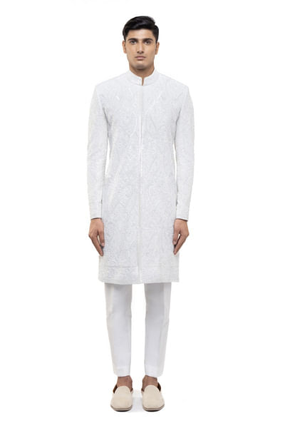 White paisley embroidered sherwani set