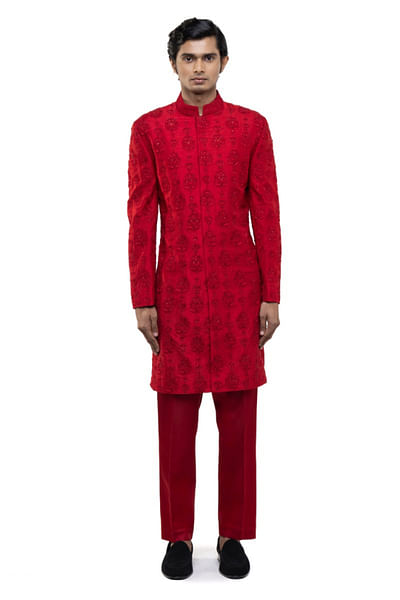 Red floral embroidered sherwani set