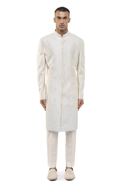 Cream floral embroidered sherwani set