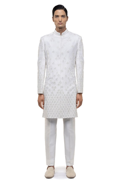 White geometric embroidered sherwani set