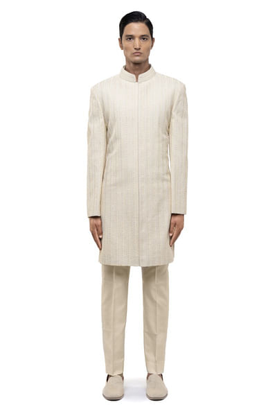 Off-white silk embroidered sherwani set