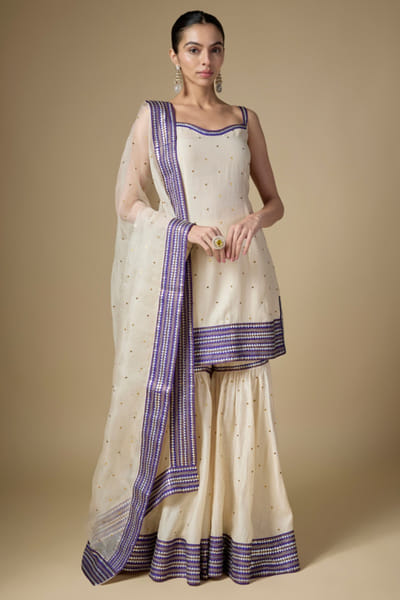 Ivory and violet zari embroidered gharara set