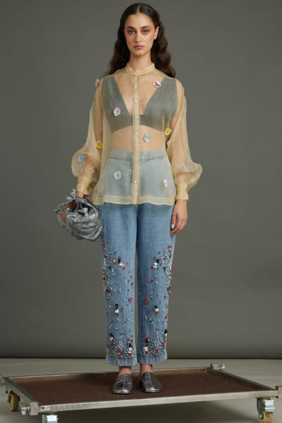 Butter floral applique embroidered shirt