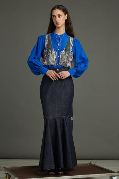 Electric blue sequin hand embroidered shirt