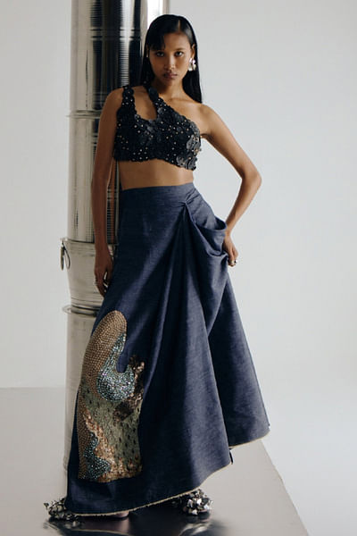 Denim blue sequin embroidered skirt