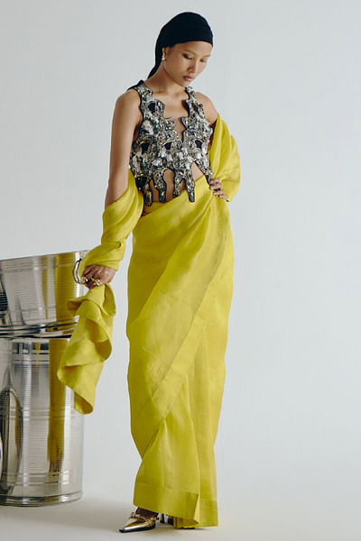 Lime pre-stitched sari