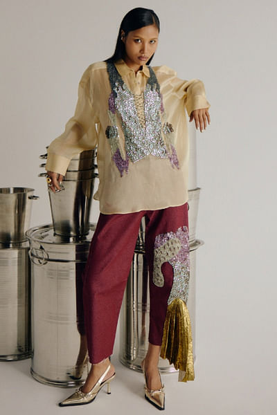 Red sequinned pants