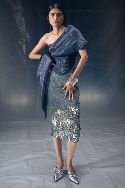 Blue draped satin fly-corset